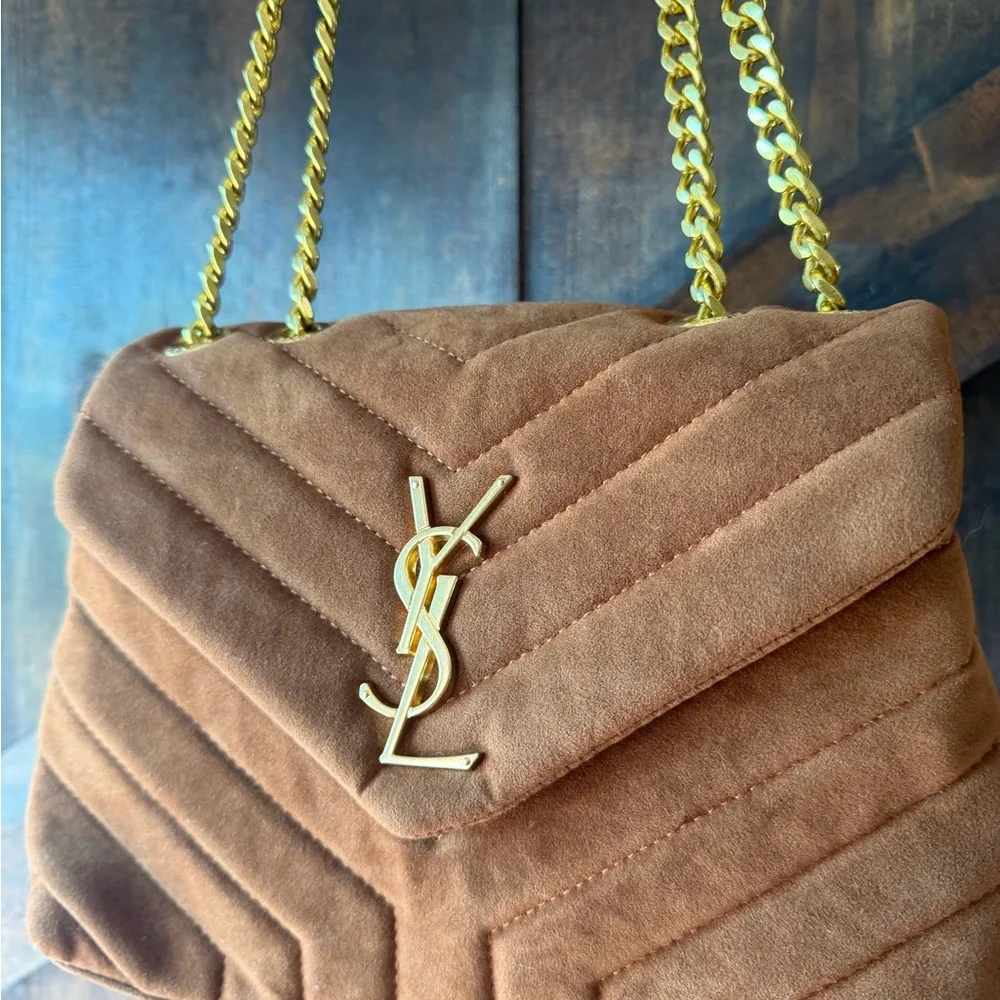 Brown Tan Quilted Shoulder Bag with Gold Chain - Picture 12 of 14